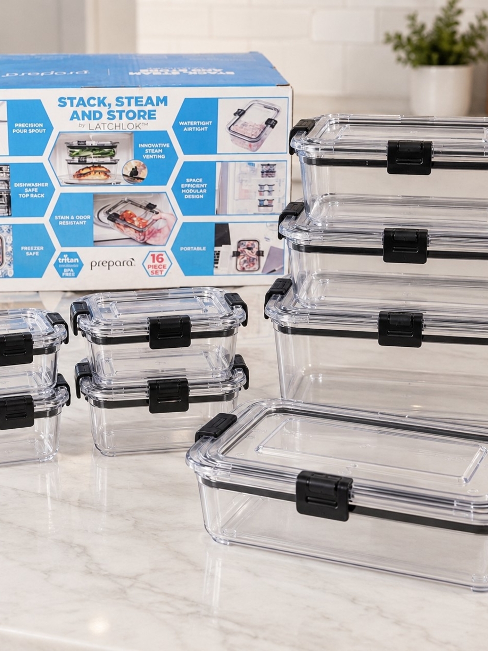 Stack, Steam and Store Clear Food Storage Set with Black Latches - 16 Piece